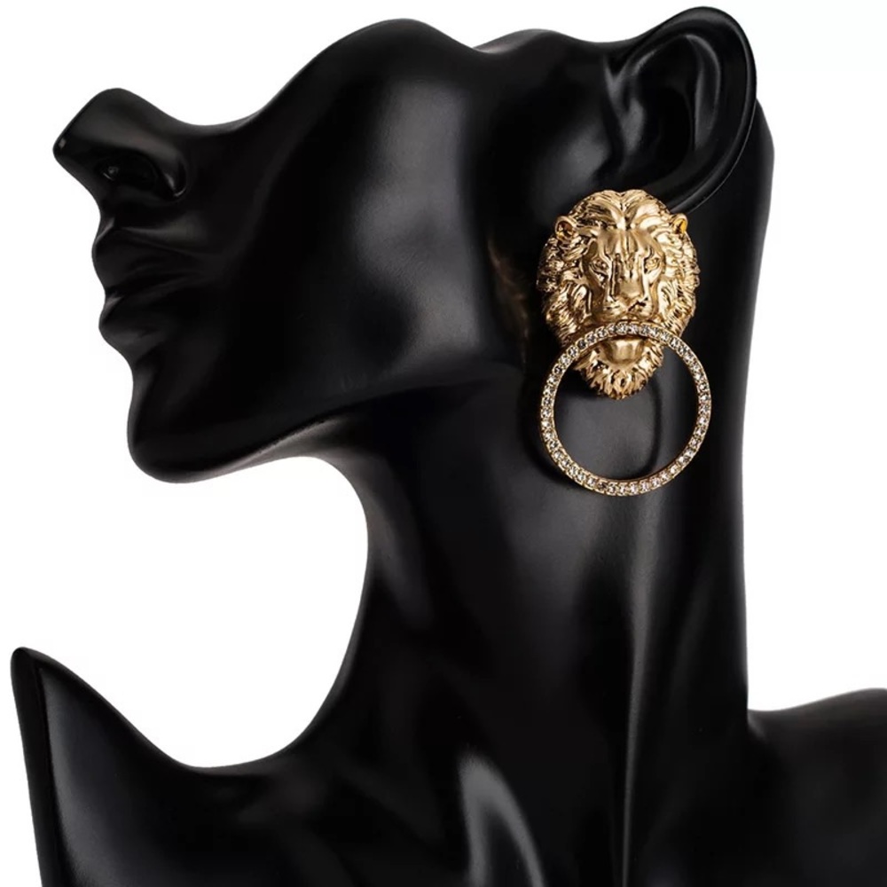 Lion Head Rhinestone Door Knocker Earrings - Picture 4 of 8
